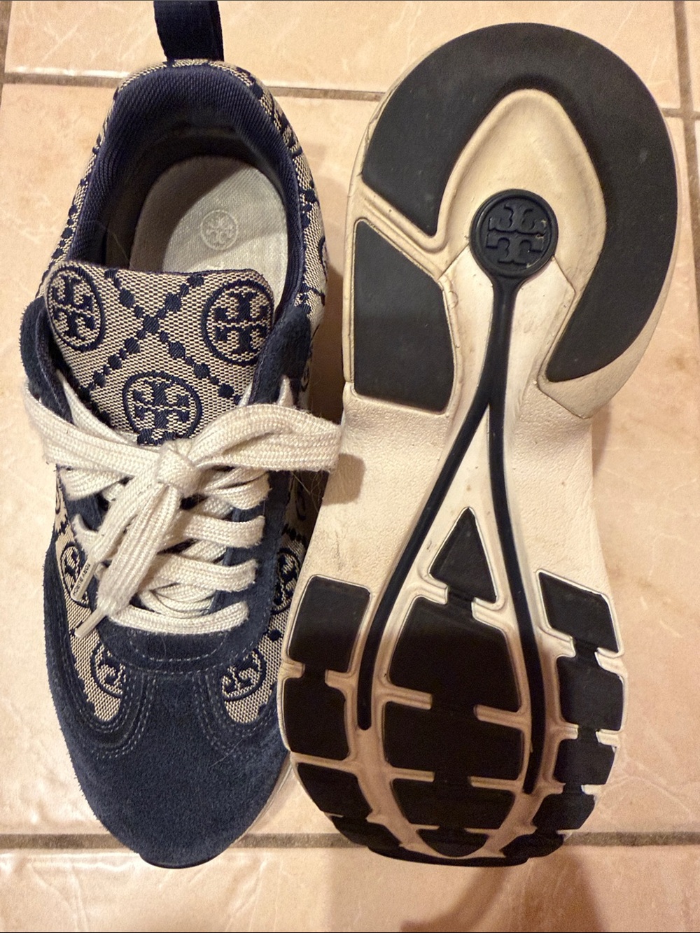 Tory Burch Navy and Beige Logo Running Sneakers